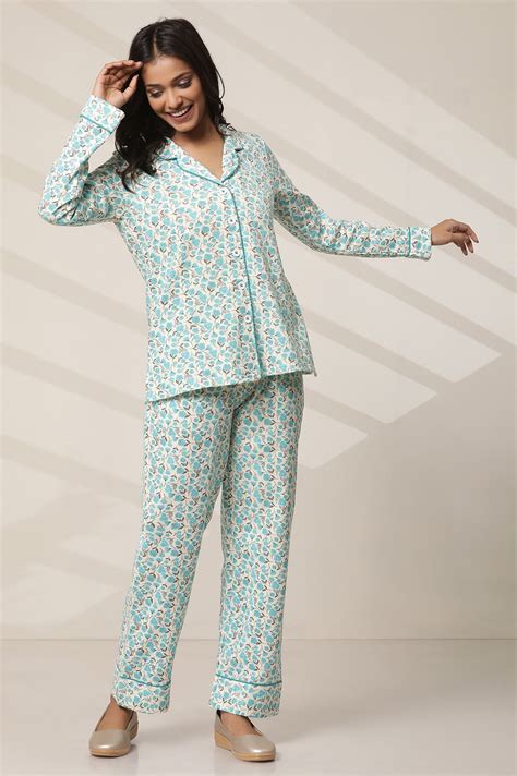 Buy White and Blue Floral Printed Top and Palazzo lounge Wear Set ...