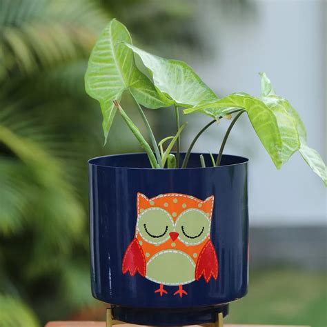 Owl Design Hand Painted Planter - Blue – Revive Home