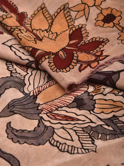 Cream Kalamkari Hand Painted Heavy Crepe Handloom 6mts Fabric with Exo ...