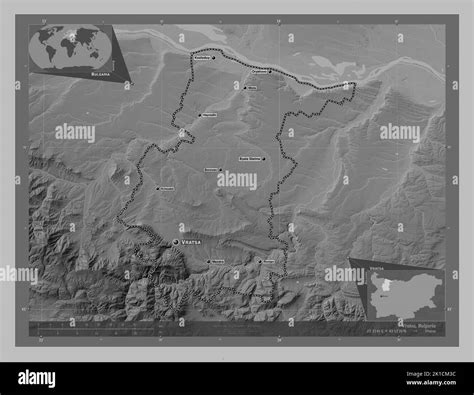 Vratsa, province of Bulgaria. Grayscale elevation map with lakes and rivers. Locations and names ...