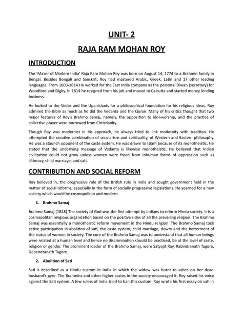 UNIT-2 - raja ram mohan roy - UNIT- 2 RAJA RAM MOHAN ROY INTRODUCTION ...