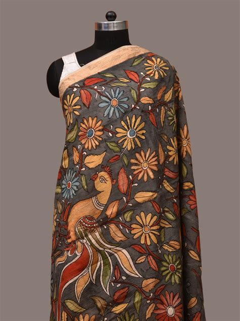 Grey Kalamkari Hand Painted Sico Dupatta with Flowers and Peacock Desi ...