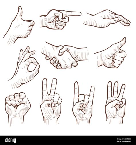 Hand drawing sketch man hands showing different gestures vector set. Sketch drawing hand gesture ...
