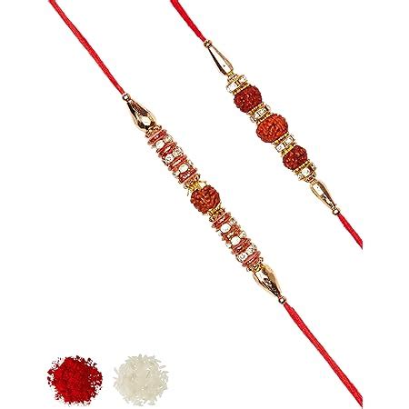 Buy Aheli Pack Of 2 Rudraksha AD Ring Rakhi With Roli Chawal Tilak For ...