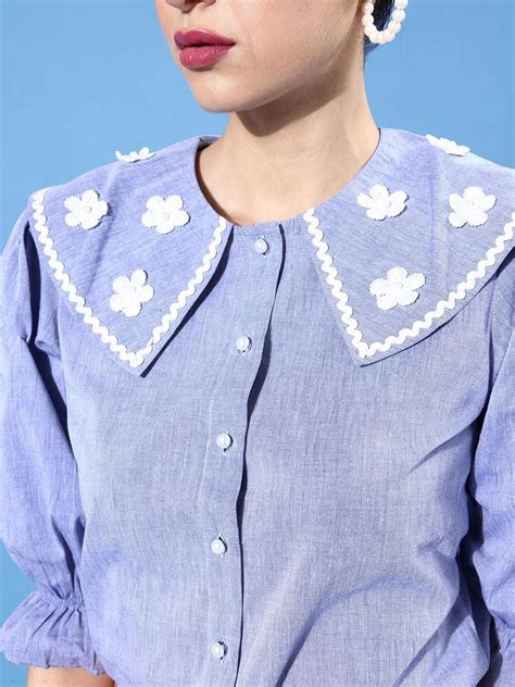 Style Quotient Women Blue Classic Floral Embroidered Casual Shirt ...