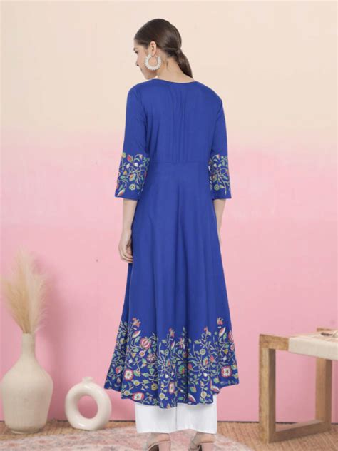 Rayon Floral Placement Printed Anarkali Kurti (Blue) – Yash Gallery