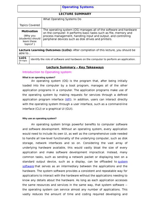 What Operating Systems Do - LECTURE SUMMARY Topics Covered What ...