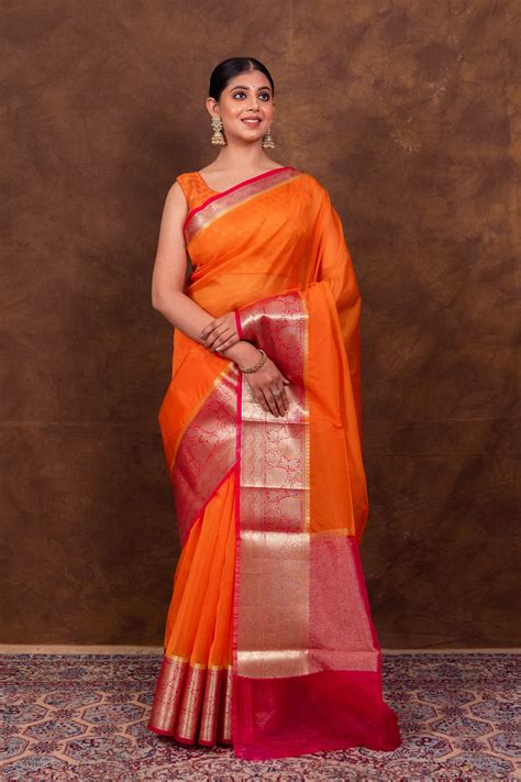 Orange & Rani Banarasi Skirt Border Soft Organza Saree | Body Hugging ...