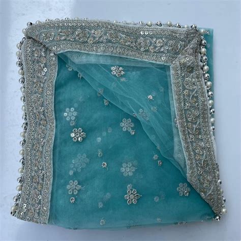 Bridal Tara Blue Silver Embroidered Net Sequin Dupatta – anokherang