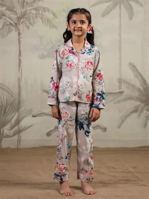 Multi Flower Printed Night Suit Set For Kids