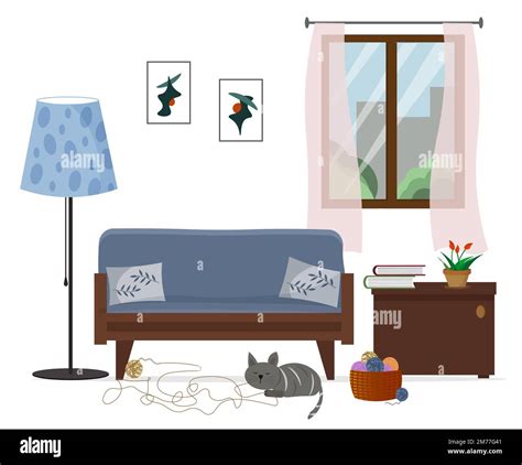 Interior illustration - sofa, floor lamp and nightstand. Window with ...