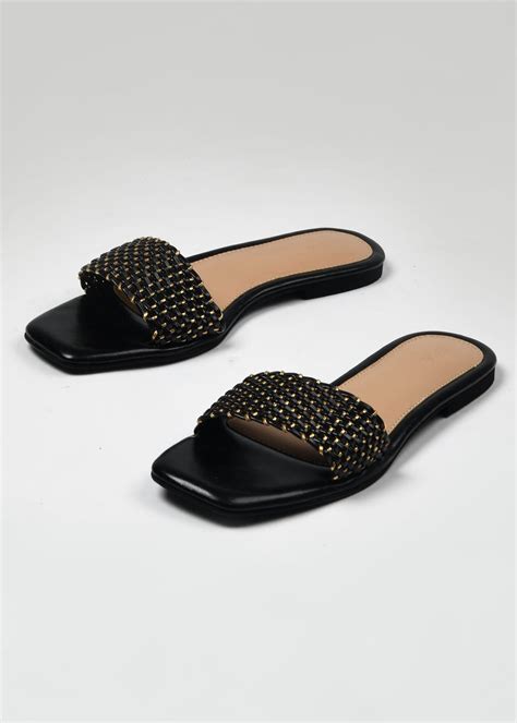 Get Embellished Strap Detail Square Toe Slides at ₹ 1500 | LBB Shop