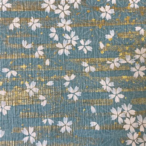 友禅ちりめん 麻の葉の地模様に桜 青緑 YUZEN crape paper | 森田和紙オンラインショップ《倭紙の店》