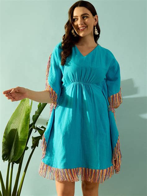 Women Rainbow Lace Blue Above Knee Length Beach Dress – The Kaftan Company