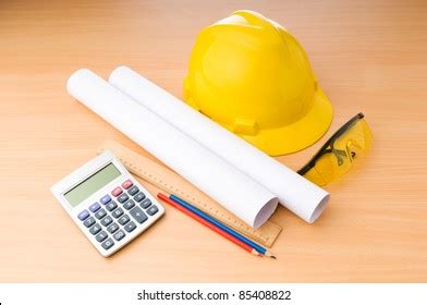 Drawings Hard Hat On Desk Stock Photo 85408822 | Shutterstock