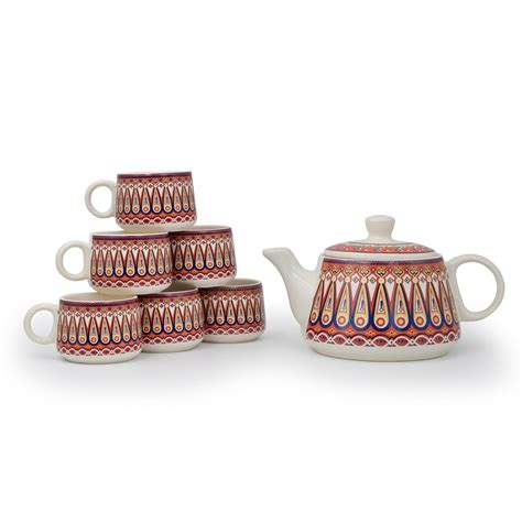 Buy MITHILA HANDICRAFTS Ceramic Tea & Coffee Cups Set of 6 with Kettle ...