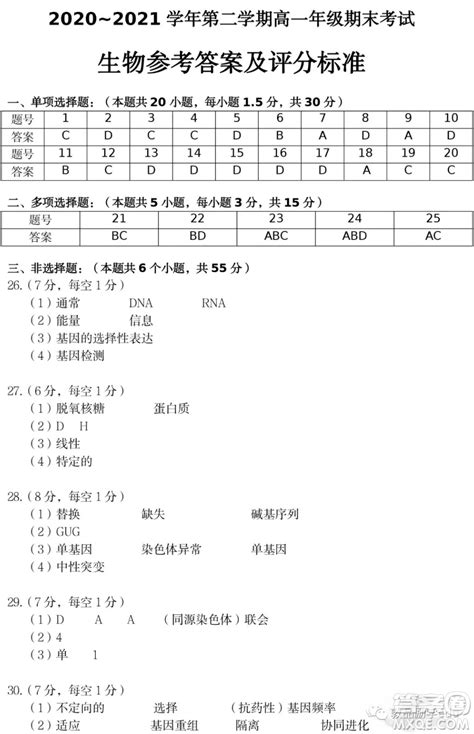 太原市2020-2021学年第二学期高一年级期末考试生物试卷及答案 _答案圈