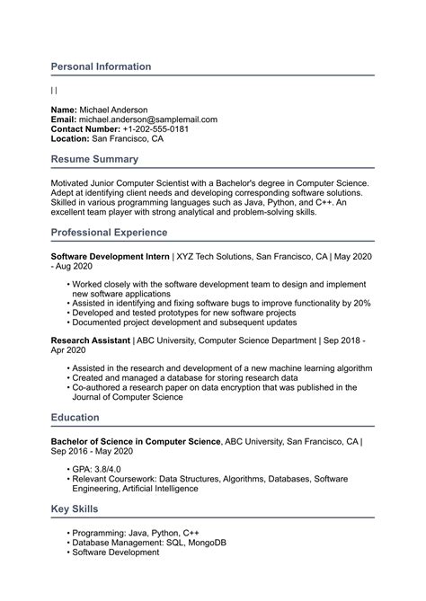 Computer Science Resume Example 的图像结果