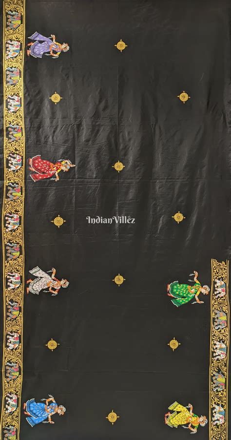 Black Kandarpa Hati (Elephant) Hand-Painted Pattachitra Saree(Pre-Orde ...
