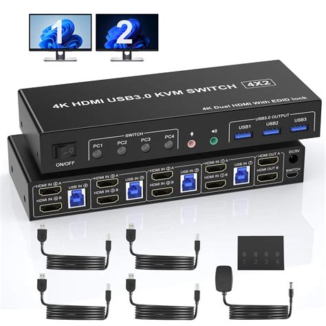 USB 3.0 HDMI Dual Monitor KVM Switch for 4 PCs, Supports EDID, 4K 60Hz ...