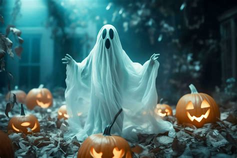 Human in spooky ghosts costume flying inside the old house at night ...