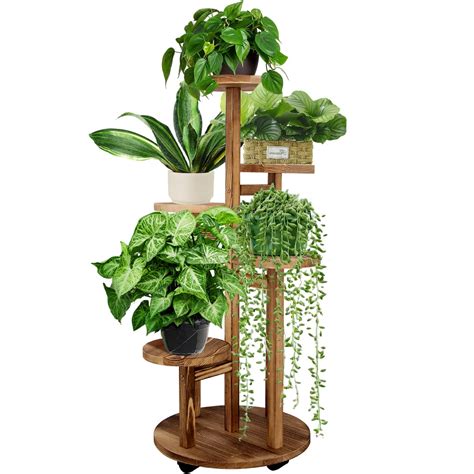 GEEBOBO 5 Tiered Tall Plant Stand for Indoor, Wood Plant Shelf Corner Display Rack, Multi-tier ...