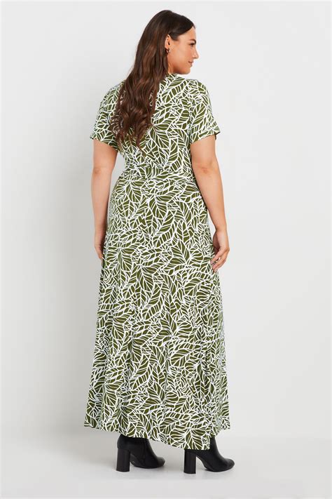 YOURS Plus Size Khaki Green Leaf Print Wrap Maxi Dress | Yours Clothing