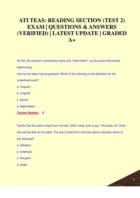 ATI TEAS: READING SECTION (TEST 2) EXAM | QUESTIONS & ANSWERS (VERIFIED ...