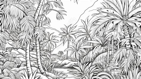 Premium Photo | A black and white drawing of a tropical jungle scene ...