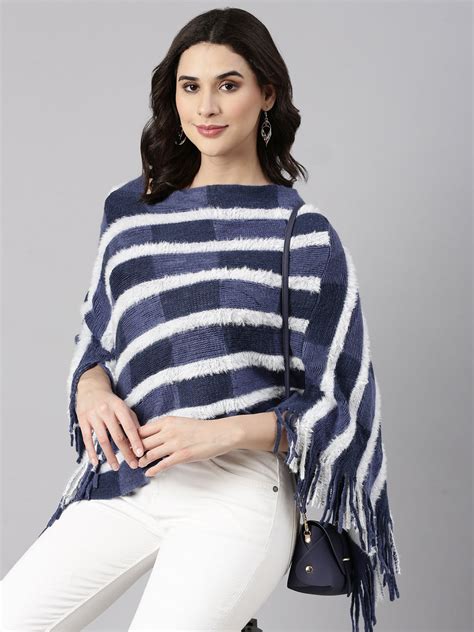 SHOWOFF Women's Three-Quarter Sleeves Round Neck Striped Navy Blue Poncho