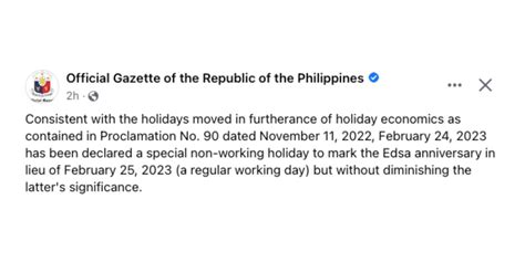 Gov’t clarifies Feb. 25 Edsa People Power anniversary a regular working day - The Filipino Times