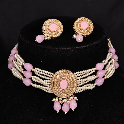 Sukkhi Pink Gold Plated Kundan & Pearl Choker Necklace Set For Women ...