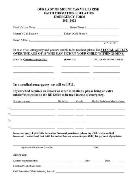 Fillable Online Emergency Form - Our Lady of Mount Carmel Fax Email ...