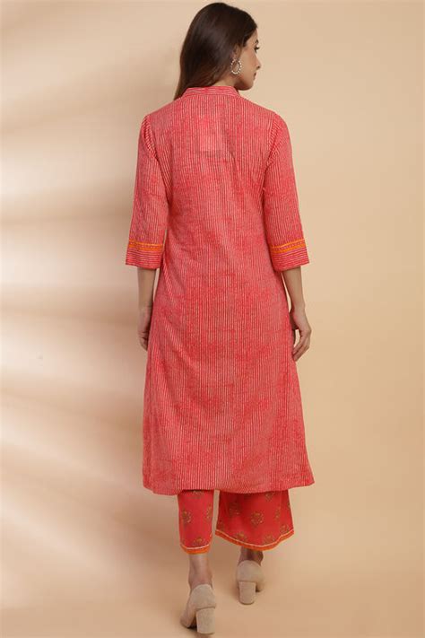 Coral Cotton A-Line Kurta Palazzo Suit Set at Biba India