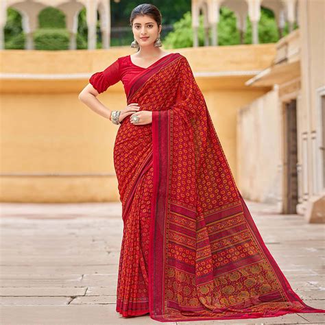 Cherry Red Printed Georgette Saree