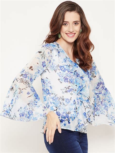 Women White & Blue Floral Print Georgette Top – BITTERLIME
