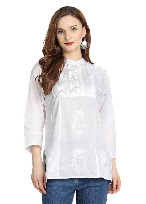 Get Pintuck & Button Neck Detail White Mandarin Collar Tunic at ₹ 1099 ...