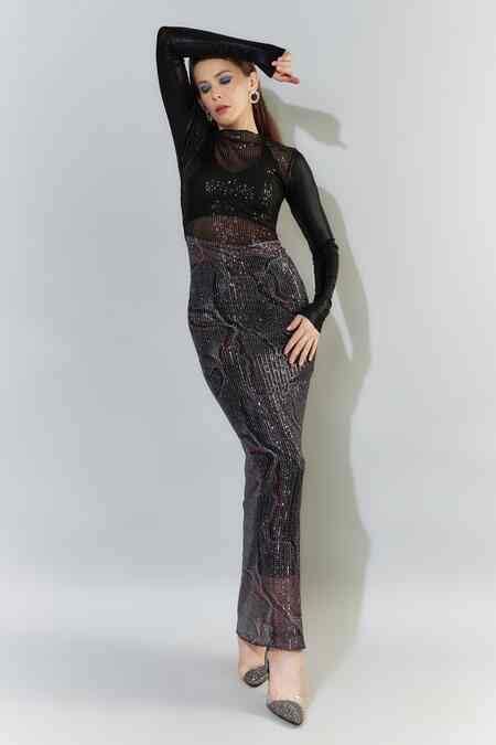 Buy Black Kota Doria Embroidery, Sequins Round Neck Metallic Printed ...