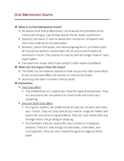 Oral Mechanism Exams - Typically, the exam is used to assess the ...