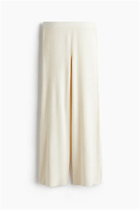 Women's Cream Wide rib-knit trousers | H&M IN