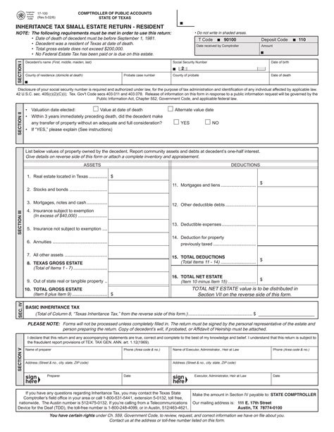 Texas Inheritance Tax Forms-17-100 Small Estate Return - Resident | PDF