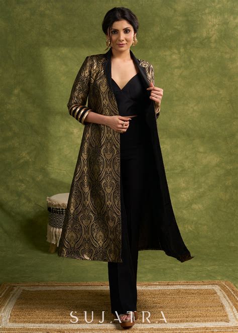 Black Paisley Zari Woven Brocade Trench Coat With Intricate Lace Trim ...
