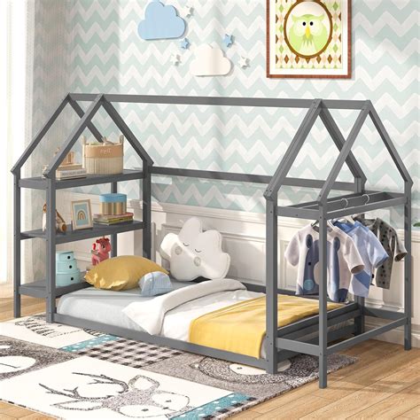 Giantex Twin Floor Bed, Wood Montessori Floor Bed with Detachable 3 ...