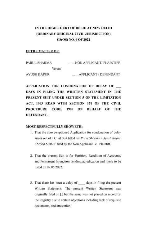 Condonation of Delay Application in CS(OS) 6/2022: Parul Sharma v ...