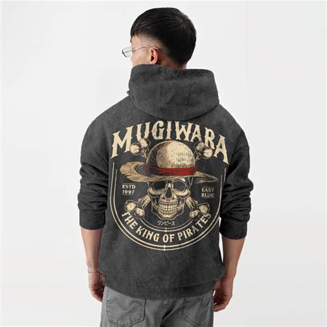 Printed Anime One Piece Mugiwara Oversized Fit Hooded Sweatshirt Acid Wash