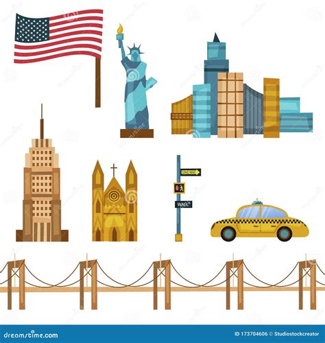 Set of New York Symbols and Objects with Famous Landmarks. Composition ...