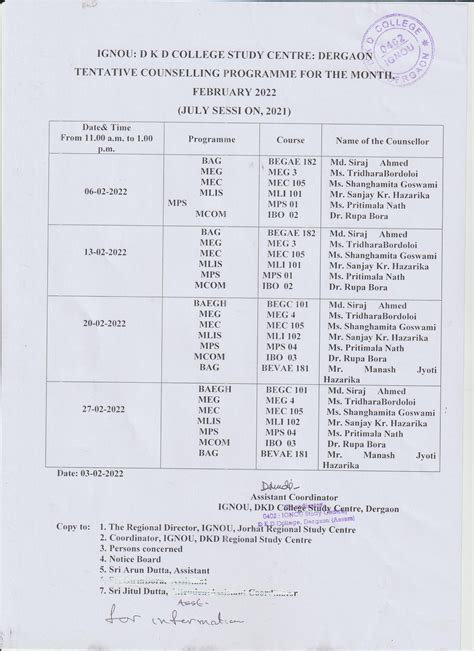 IGNOU-RC-Jorhat - Student Corner - Counselling Schedule