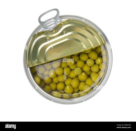 Open tin can of peas isolated on white, top view Stock Photo - Alamy