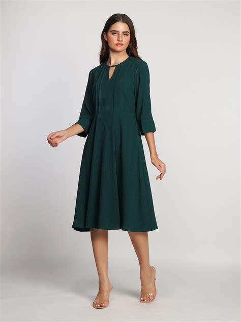 Buy Dark Green Solid A-Line Midi Dress - Zink London