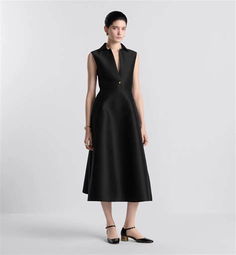 Belted Mid-Length Dress Black Wool and Silk Shantung | DIOR